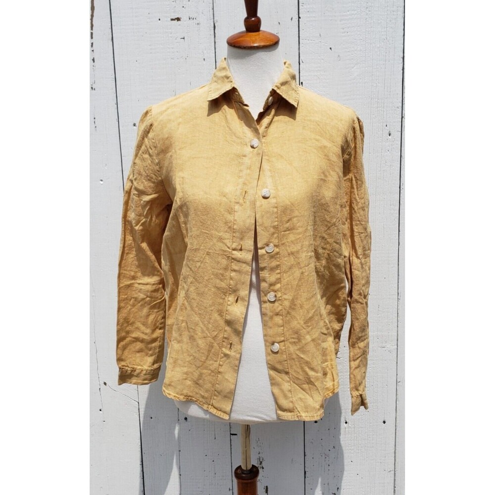 XCVI Women Yellow Collared Long Sleeve 100% LINEN Button Up Shirt Blouse Sz XS
